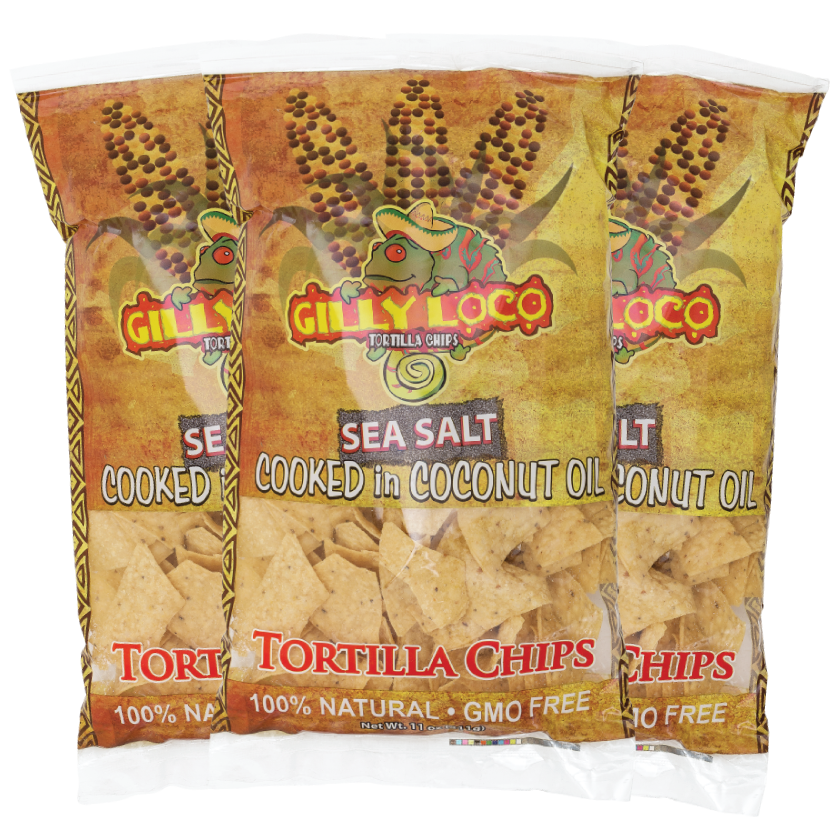 3-pack of Gilly Loco Tortilla Chips cooked in 100% coconut oil, featuring all-natural ingredients for a wholesome, flavorful snack.