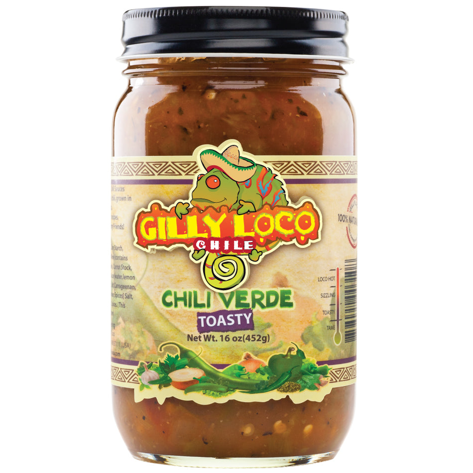 Photo of a jar of Gilly Loco Hatch Green Chile Sauce set against a plain white background, highlighting the vibrant green color of the sauce visible through the clear glass. The jar's label features the Gilly Loco logo and text that promotes the sauce as award-winning, emphasizing its authentic New Mexican flavor.