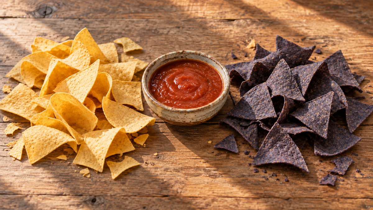 Blue corn and yellow corn Gilly Loco tortilla chips served side by side with red salsa for comparison.