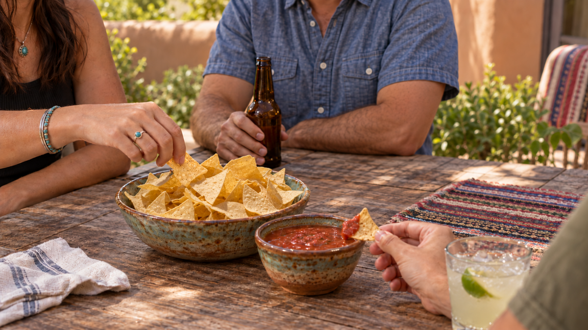Friends sharing thin, crispy Gilly Loco non-GMO tortilla chips with red salsa on a sunny New Mexico patio.