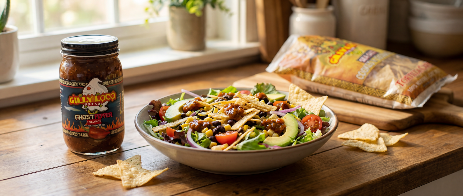 Southwest salad topped with avocado, black beans, corn, cherry tomatoes, crispy tortilla strips, and Gilly Loco Ghost Pepper Salsa served with Gilly Loco Sea Salt Tortilla Chips in a rustic kitchen setting.