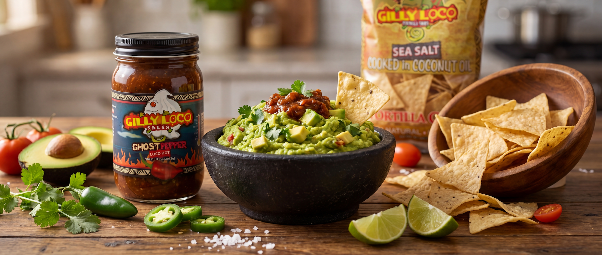 Creamy ghost pepper guacamole topped with Gilly Loco Ghost Pepper Salsa served with Gilly Loco Sea Salt Tortilla Chips, fresh avocado, jalapeños, cilantro, and lime wedges on a rustic wooden table.