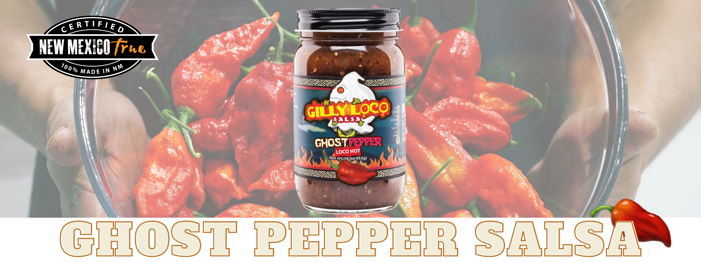 Jar of Gilly Loco Ghost Pepper Salsa with fresh ingredients including tomatoes, onions, and ghost peppers, served with tortilla chips.