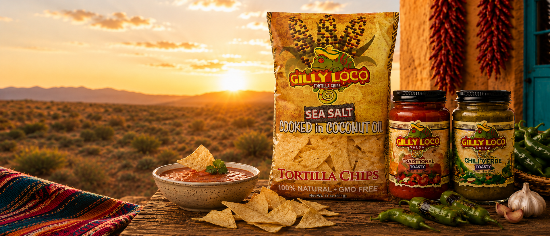 Gilly Loco Seed Oil Free Tortilla Chips and salsa at a New Mexico sunset gathering