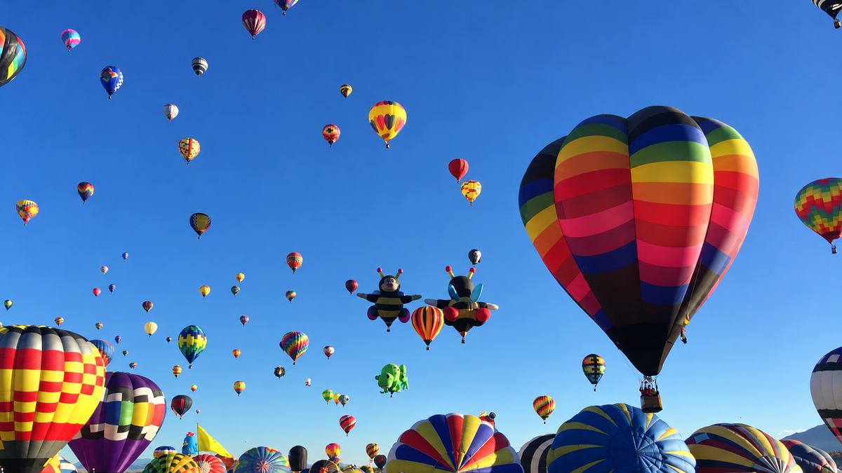 Colorful hot air balloons filling the blue morning sky at the Albuquerque International Balloon Fiesta in New Mexico.