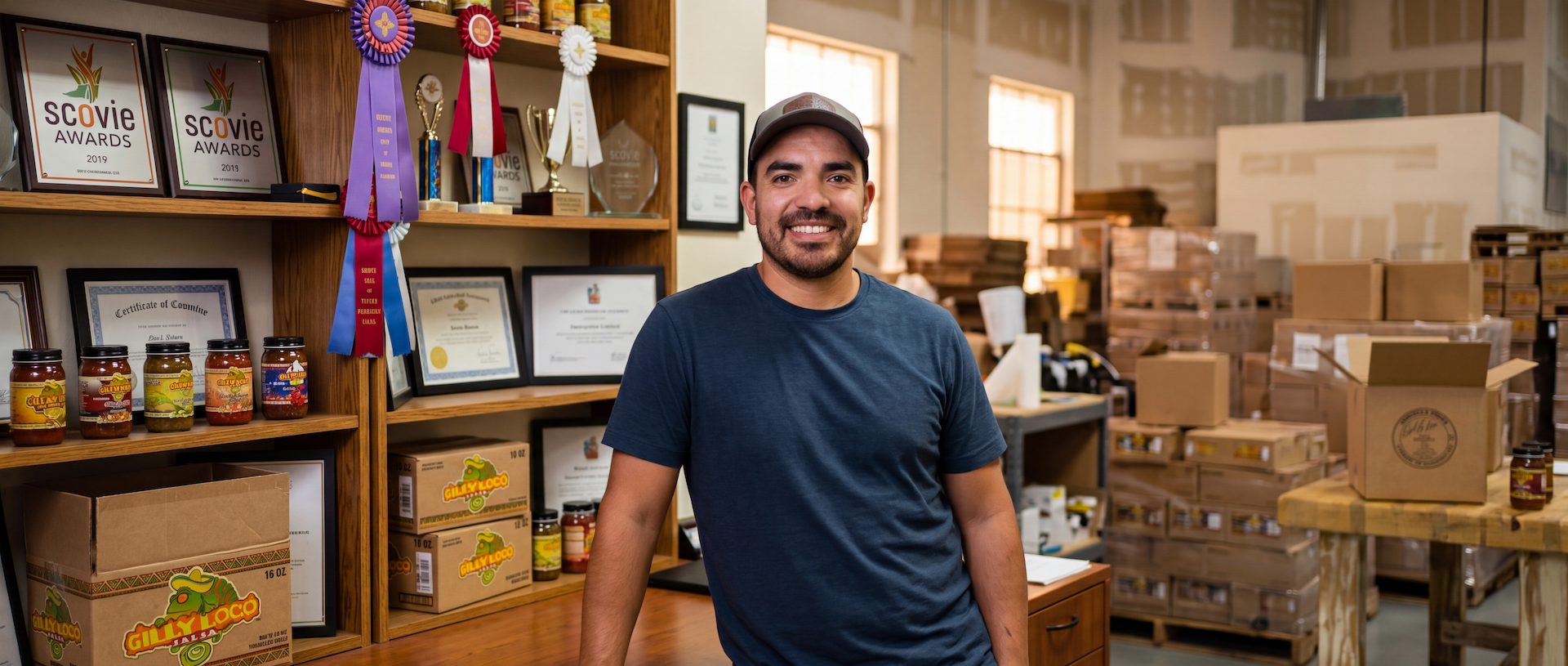 Mark Escajeda of Gilly Loco stands in the company's New Mexico warehouse surrounded by Scovie Awards, trophies, award-winning salsa and chile sauces, and shipping boxes ready for customers across the country.