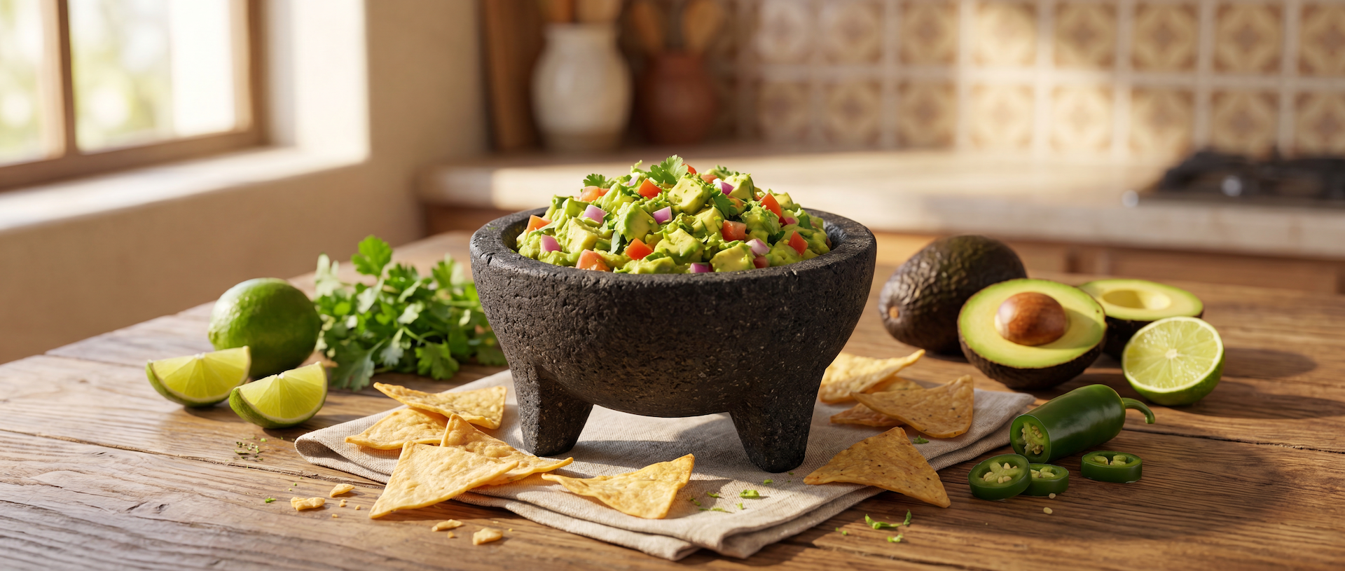 Fresh homemade guacamole in a traditional stone molcajete with tortilla chips, avocado, lime, cilantro, and jalapeños on a rustic kitchen table.