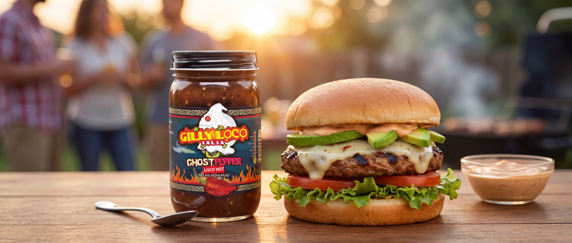 Juicy burger topped with Ghost Pepper Burger Sauce made from Gilly Loco Ghost Pepper Salsa, served outdoors at a summer backyard cookout.
