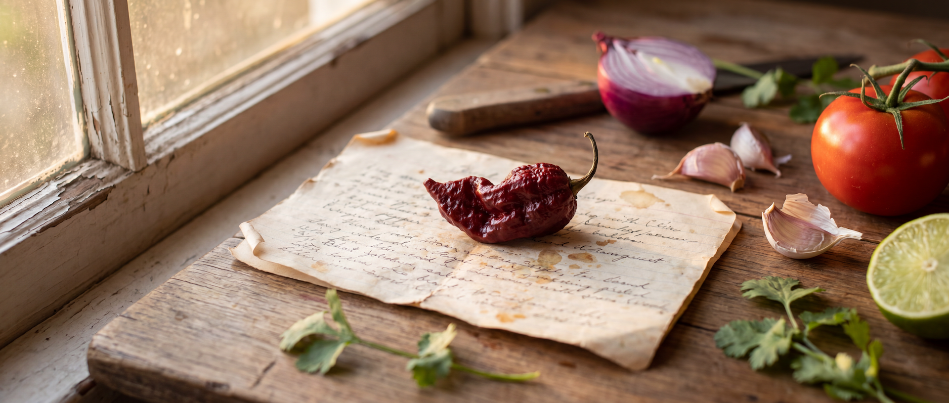 A ripe ghost pepper resting on a handwritten family salsa recipe with fresh ingredients on a rustic wooden table, celebrating the handcrafted tradition behind Gilly Loco Ghost Pepper Salsa.