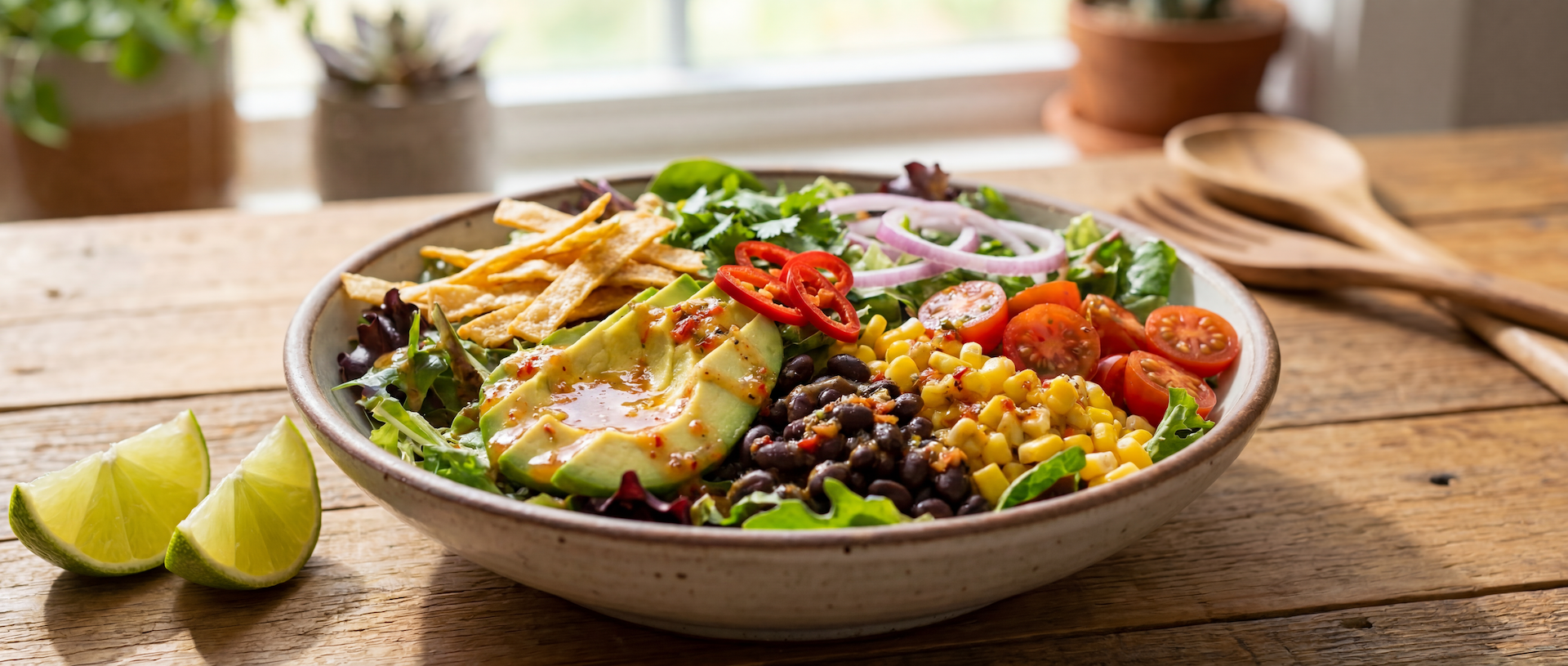Ghost Pepper Southwest Salad with avocado, black beans, corn, tomatoes, tortilla strips, and spicy salsa vinaigrette dressing.