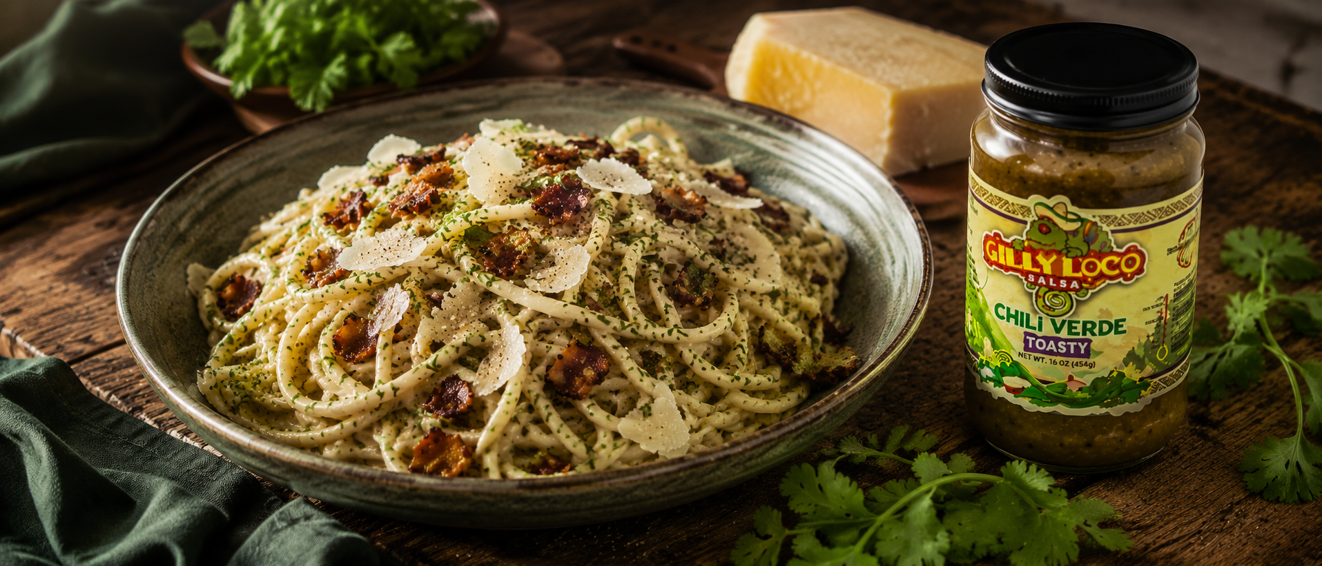 Creamy Gilly Loco chile verde pasta carbonara topped with crispy bacon, Parmesan cheese, and fresh cilantro served with Hatch green chile salsa in a rustic Southwest kitchen setting