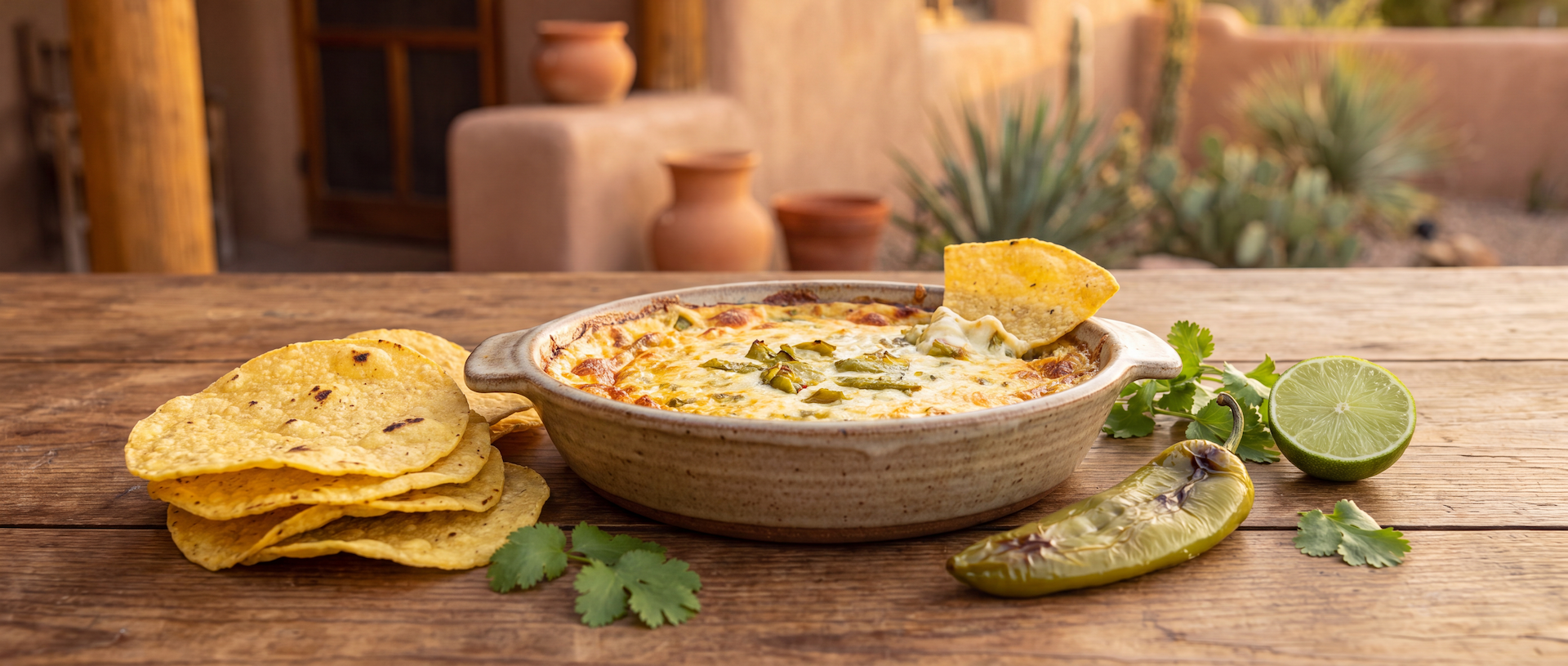 Warm Gilly Loco Green Chile Cream Cheese Dip served with crispy Seed Oil Free Tortilla Chips.