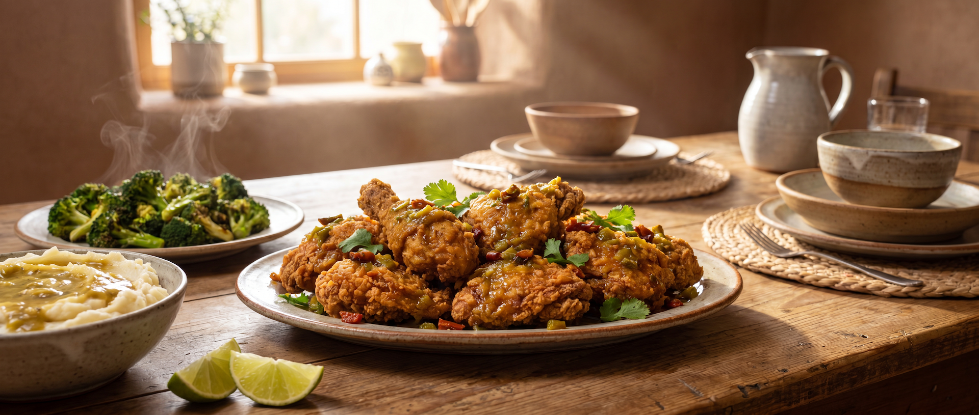 Gilly Loco Hatch Green Chile Fried Chicken with crispy golden chicken, green chile sauce, mashed potatoes, and broccoli inspired by New Mexico flavors.