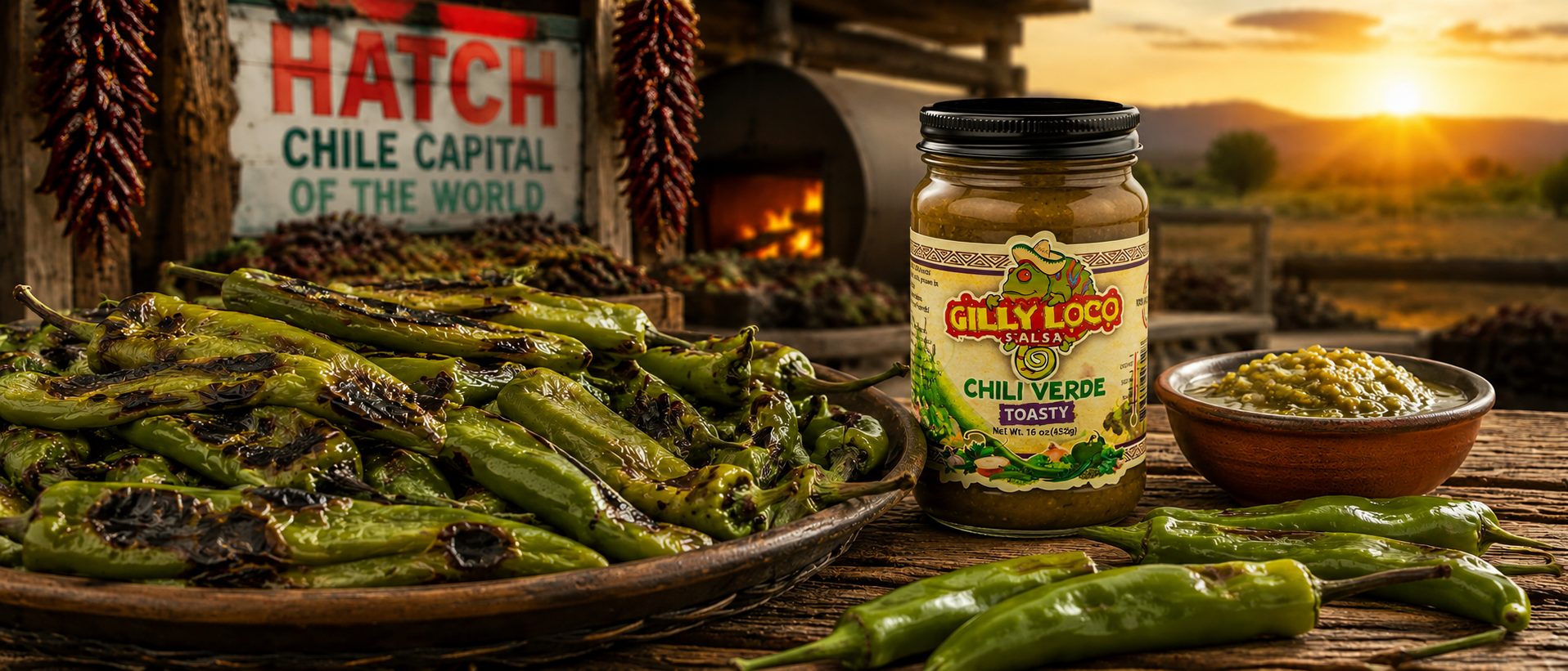 Authentic Hatch green chiles roasted in New Mexico beside Gilly Loco Chile Verde Salsa with bold Southwest flavor at sunset in the Hatch Valley