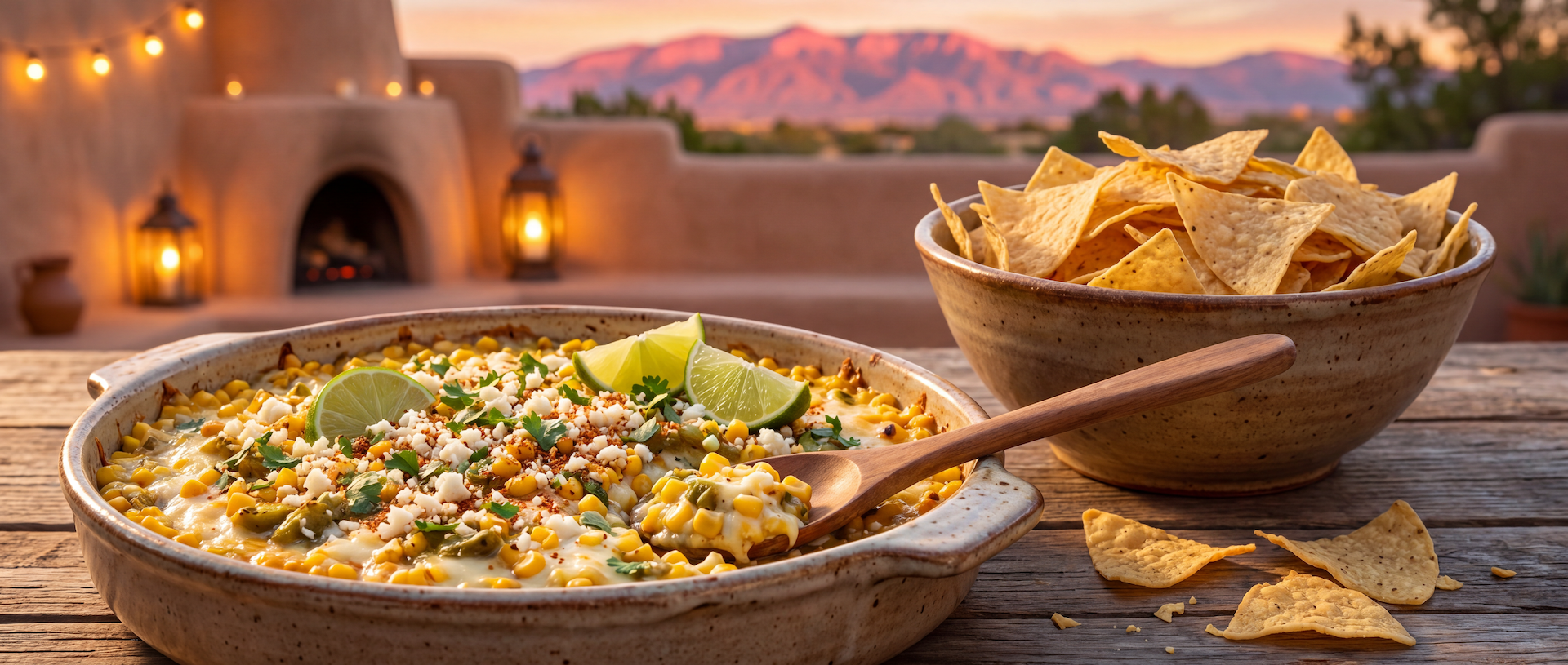 Warm Hatch Green Chile Street Corn Dip made with sweet corn, roasted Hatch green chile, cotija cheese, cilantro, and lime, served with Gilly Loco Seed Oil Free Tortilla Chips.