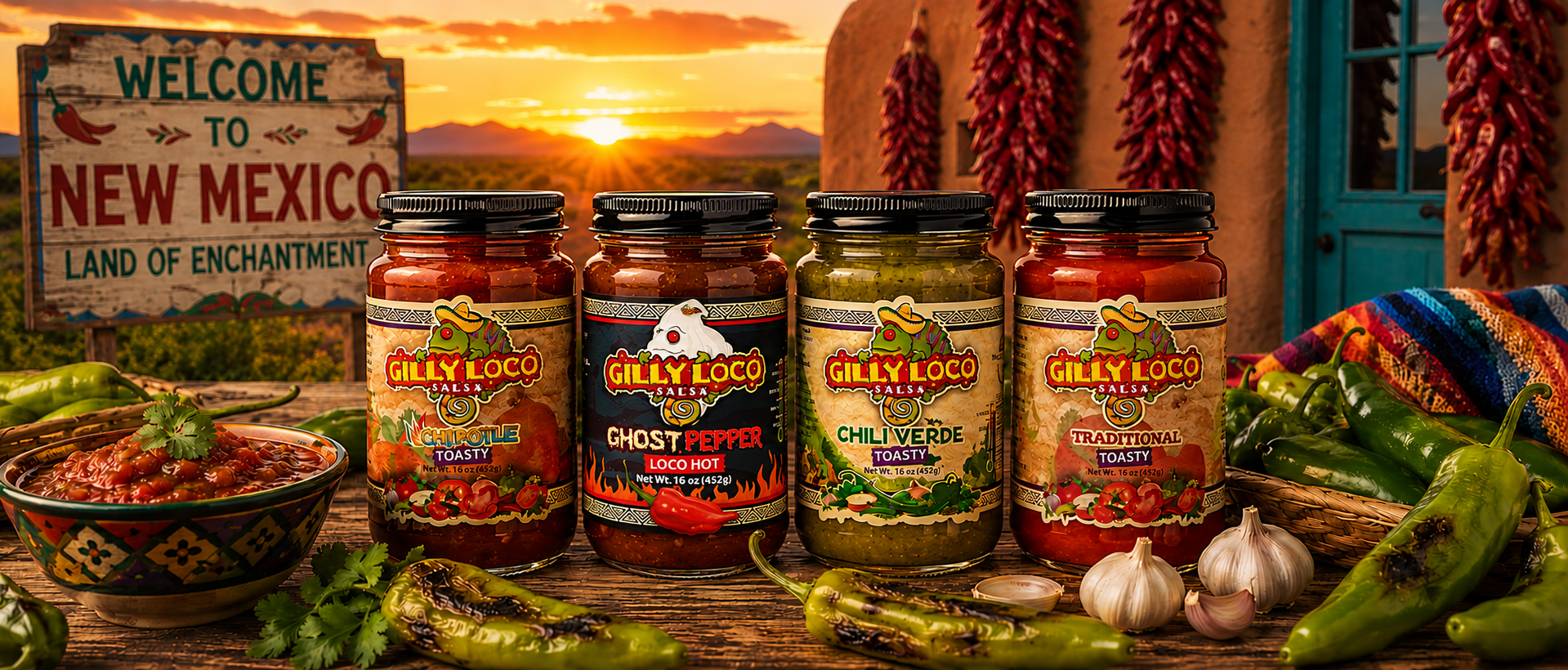 Gilly Loco salsa lineup featuring Hatch chile salsa, ghost pepper salsa, chipotle salsa, and traditional salsa with roasted New Mexico green chiles at sunset in the Southwest desert