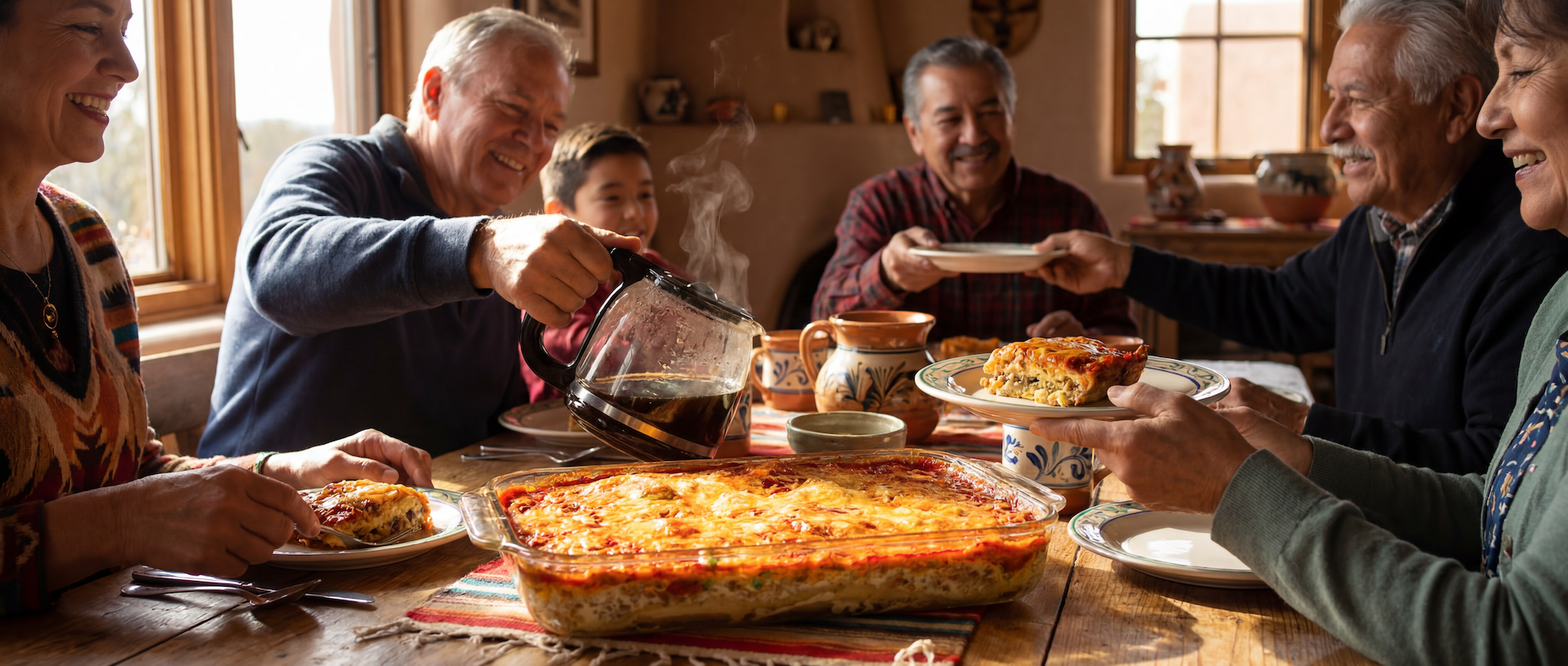 Family enjoying a holiday breakfast featuring Gilly Loco Red Chile Egg Casserole in a warm New Mexico home.