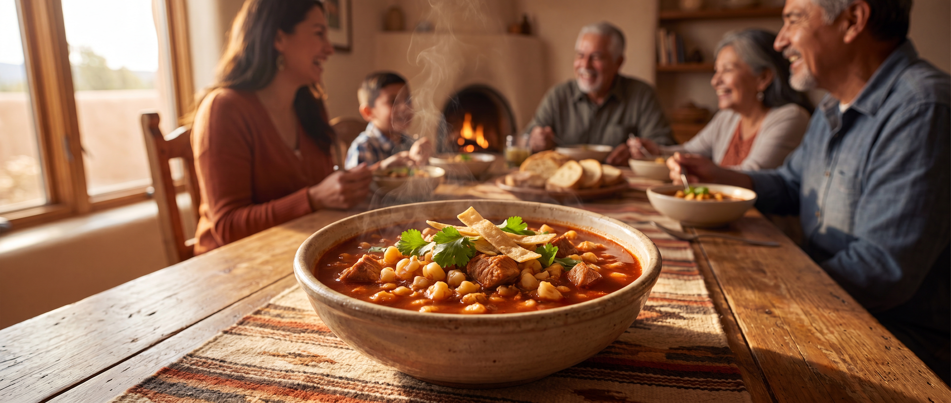 Steaming bowl of New Mexico Red Chile Posole shared during a family gathering in a cozy adobe home, celebrating food, tradition, and togetherness.