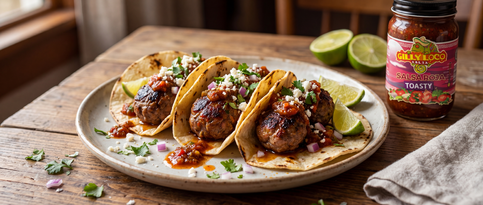 Gilly Loco Salsa Roja meatball tacos topped with cotija cheese, cilantro, diced onions, and roasted red chile salsa on charred corn tortillas beside a jar of Gilly Loco Salsa Roja.