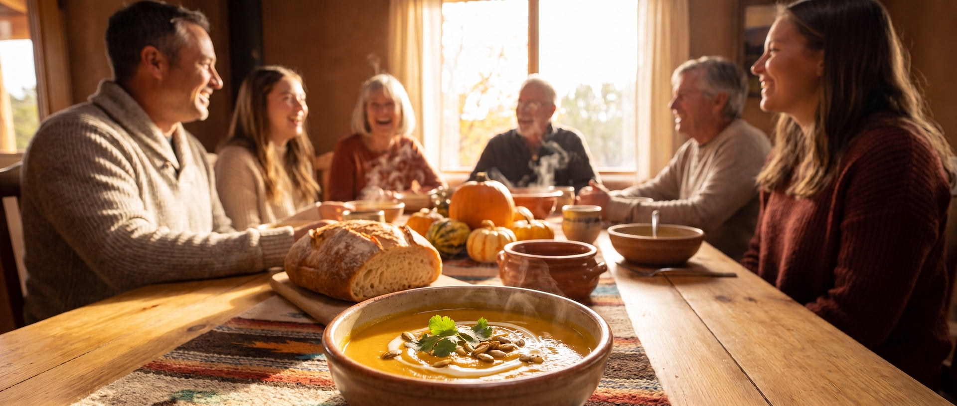 Steaming bowl of Spicy Pumpkin Soup topped with pumpkin seeds and cilantro as family gathers around a rustic table in a warm New Mexico home during fall.