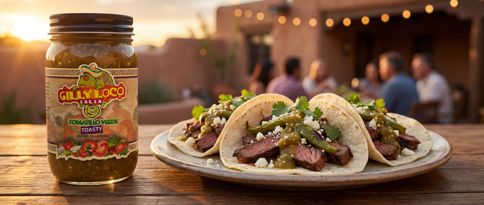 Alt Text: Gilly Loco Tomatillo Verde Salsa served with grilled skirt steak tacos topped with cotija cheese and fresh cilantro on a rustic outdoor table at sunset in New Mexico.