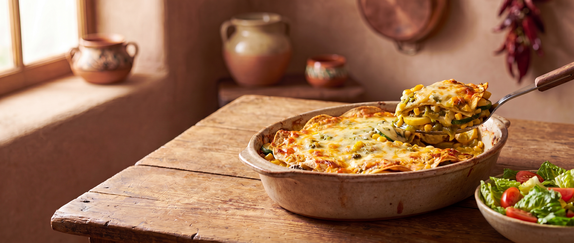 Hatch green chile calabacitas casserole with zucchini, yellow squash, sweet corn, and melted cheese served in a rustic baking dish.