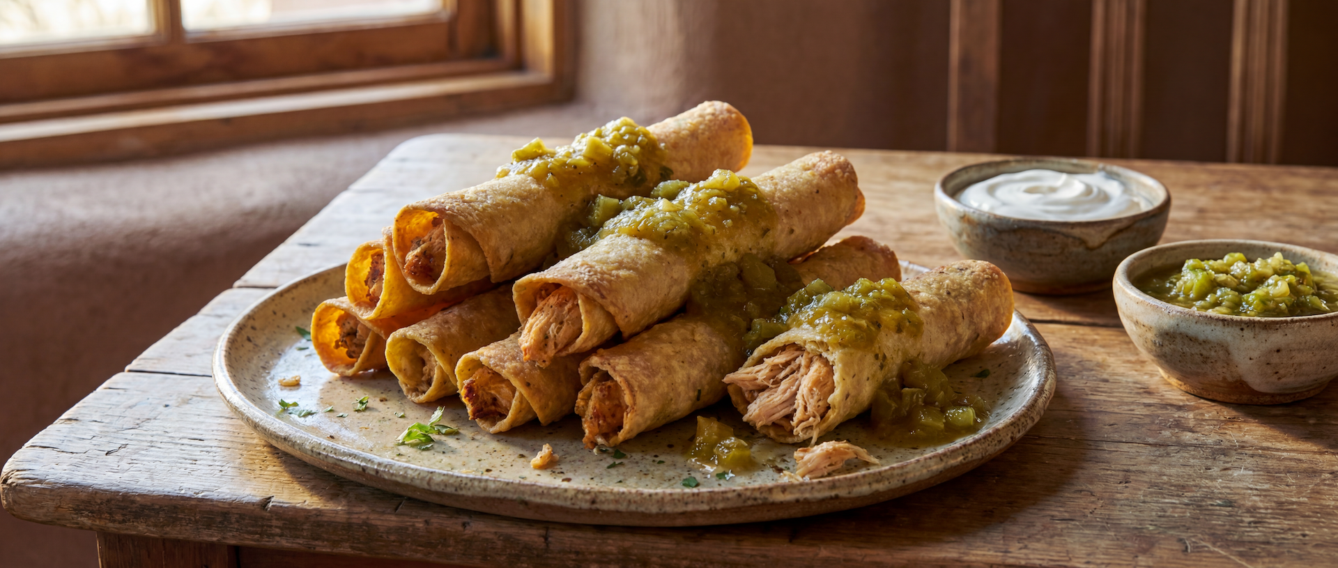 Crispy Hatch Green Chile Chicken Taquitos topped with roasted green chile sauce and fresh cilantro, served with sour cream in a rustic New Mexico kitchen.