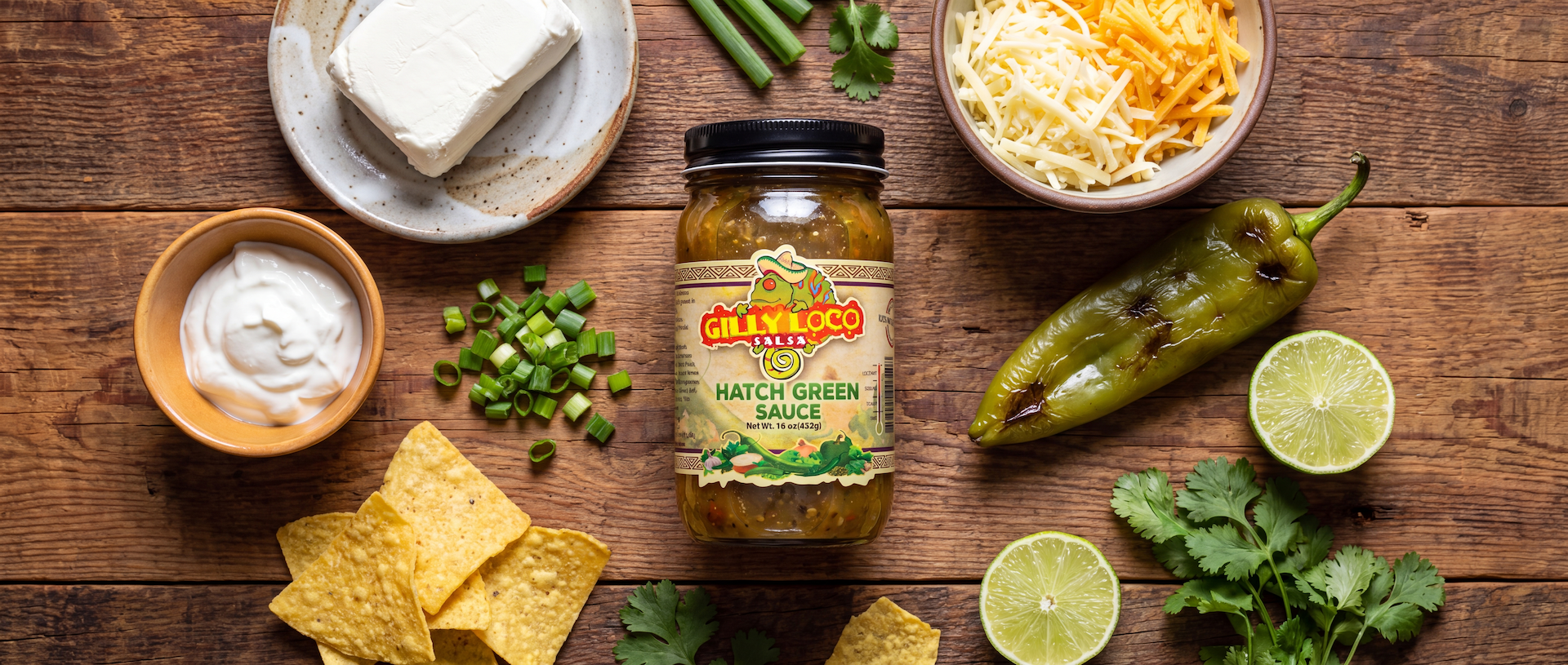 Gilly Loco Hatch Green Chile Sauce and ingredients for an easy Green Chile Cream Cheese Dip recipe.