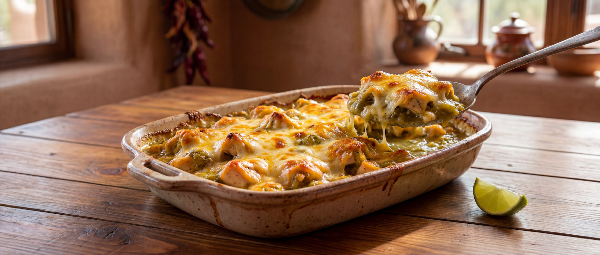 Cheesy Hatch green chile chicken casserole baked until golden brown and served in a rustic baking dish with a fresh lime wedge.