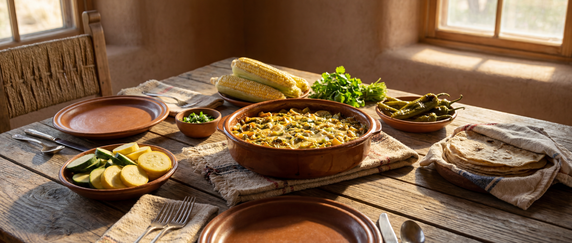 Rustic Hatch green chile calabacitas casserole surrounded by fresh squash, sweet corn, tortillas, and roasted green chile in a New Mexico kitchen.