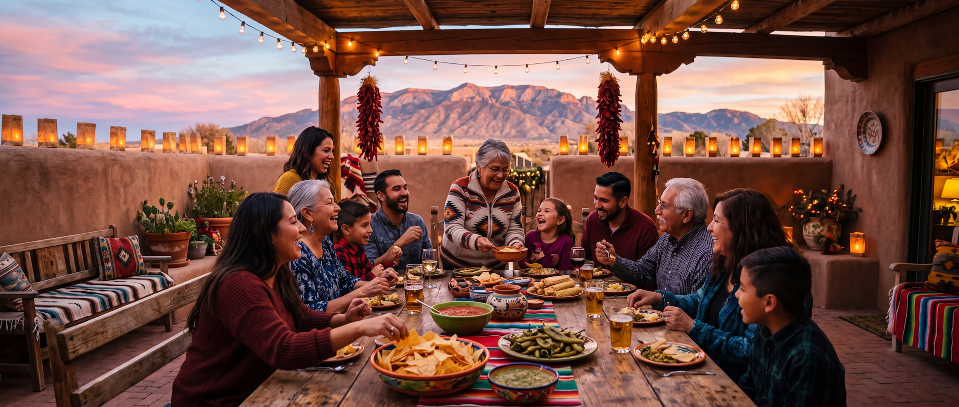 Multi-generational family gathered around a festive New Mexico patio table decorated with luminarias, chile ristras, tortilla chips, salsa, and holiday food at sunset.
