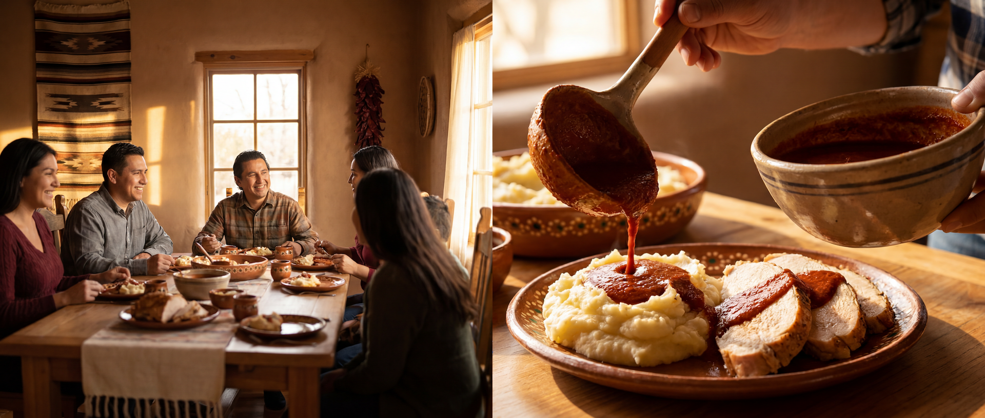 Family gathered around a New Mexico Thanksgiving table while Hatch red chile gravy is poured over turkey and mashed potatoes.