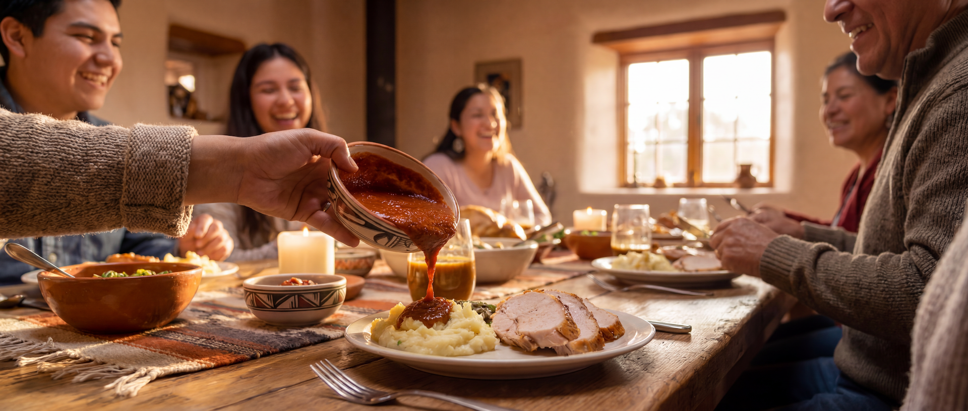 Family gathered around a New Mexico Thanksgiving table while Hatch red chile sauce is poured over mashed potatoes and turkey.
