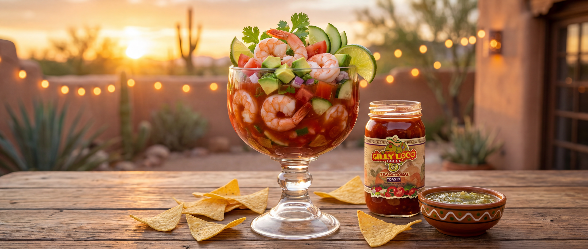 New Mexico-style spicy shrimp cocktail made with avocado, lime, shrimp, Gilly Loco Traditional Salsa, and tortilla chips served outdoors at sunset.
