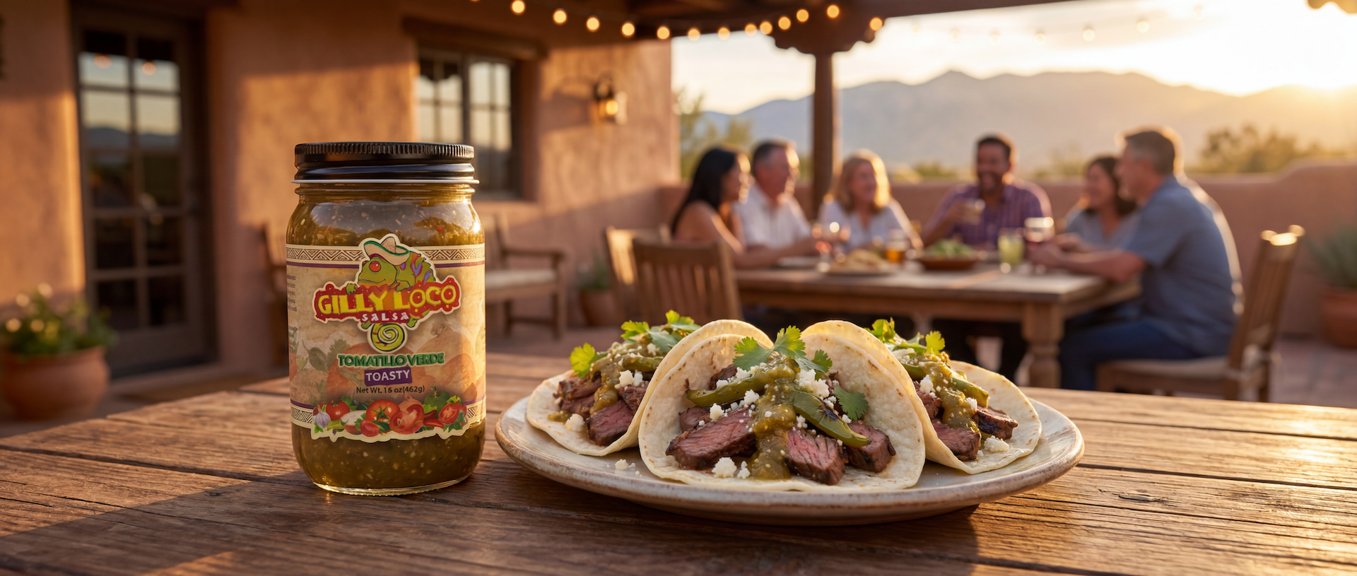 Street-style steak tacos topped with green chile salsa on a New Mexico patio at sunset with friends and family gathering in the background.