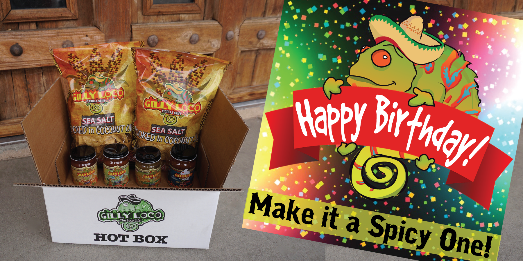 Colorful assortment of spicy salsas and hot sauces in a festive gift box, ready to celebrate a spicy food enthusiast's birthday.