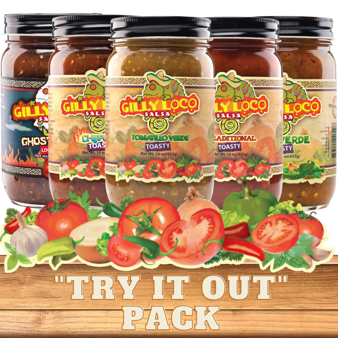 Assorted Gilly Loco salsa sample pack featuring six jars of various flavors including Traditional, Tomatillo, Chipotle, Salsa Roja, Green Chile, and Ghost Pepper Salsa