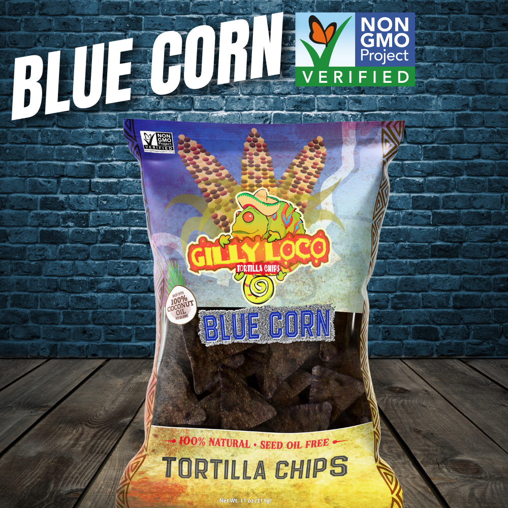 Bag of Gilly Loco Blue Corn Tortilla Chips made from stone-ground blue corn and cooked in 100% coconut oil.