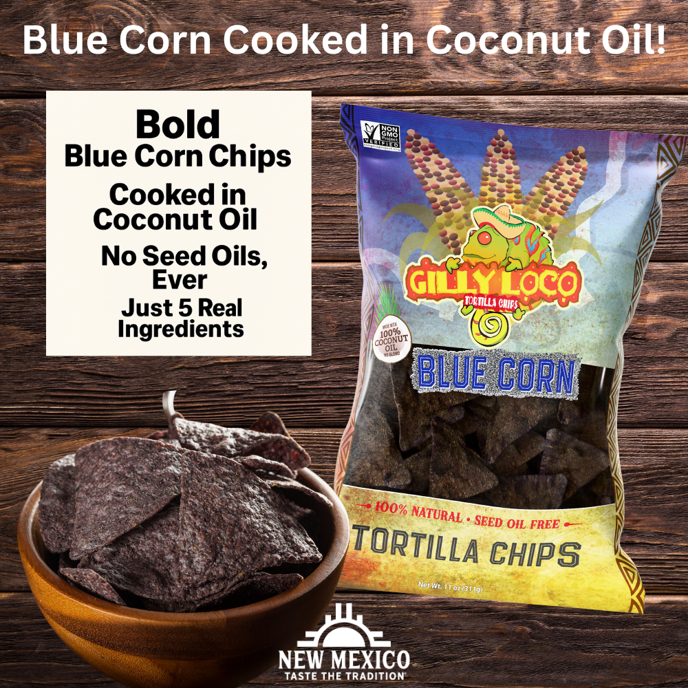 Gilly Loco Blue Corn Tortilla Chips in packaging, made from stone-ground blue corn and cooked in 100% coconut oil.