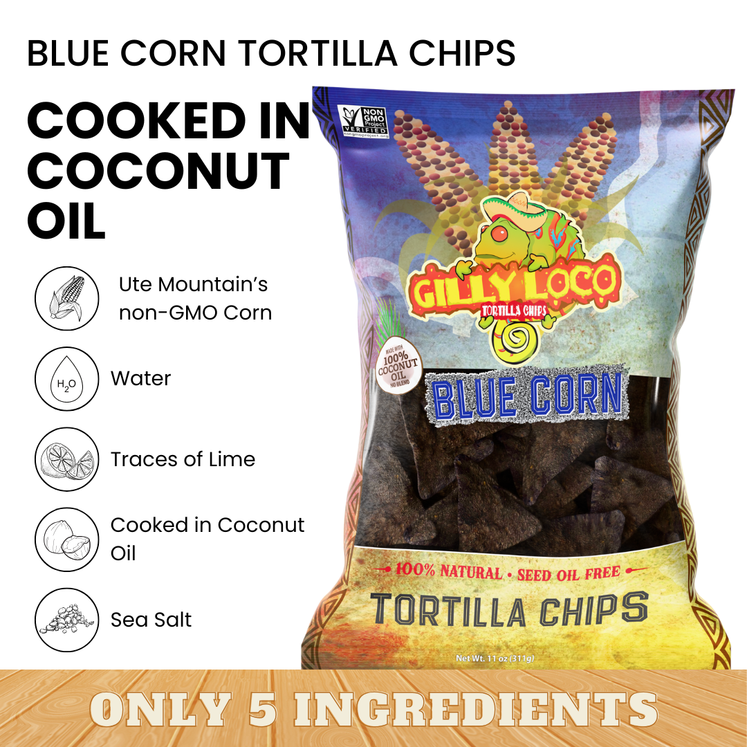 Bag of Gilly Loco Blue Corn Tortilla Chips made from stone-ground blue corn and cooked in 100% coconut oil.