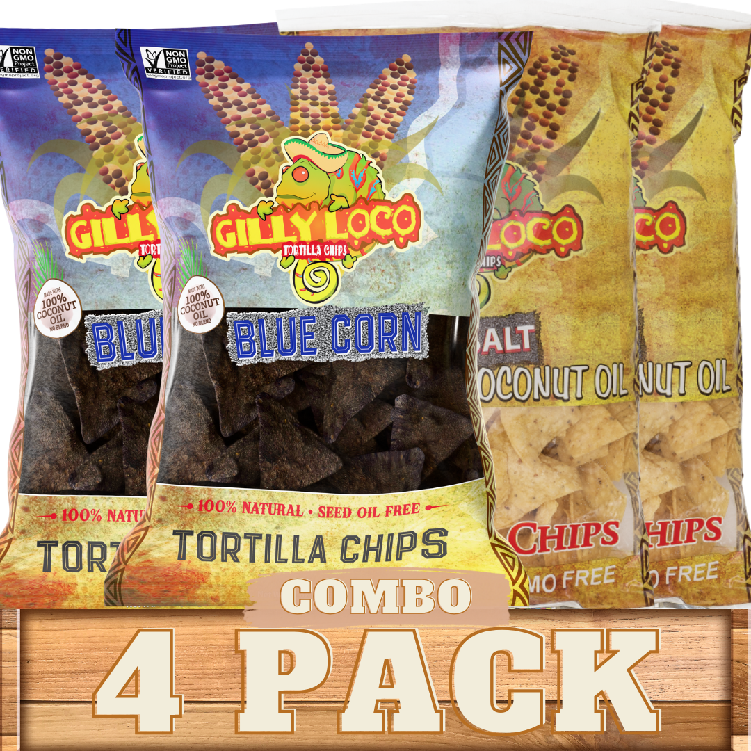 Gilly Loco tortilla chips packaging labeled '4 Pack,' displayed on a rustic wooden surface.