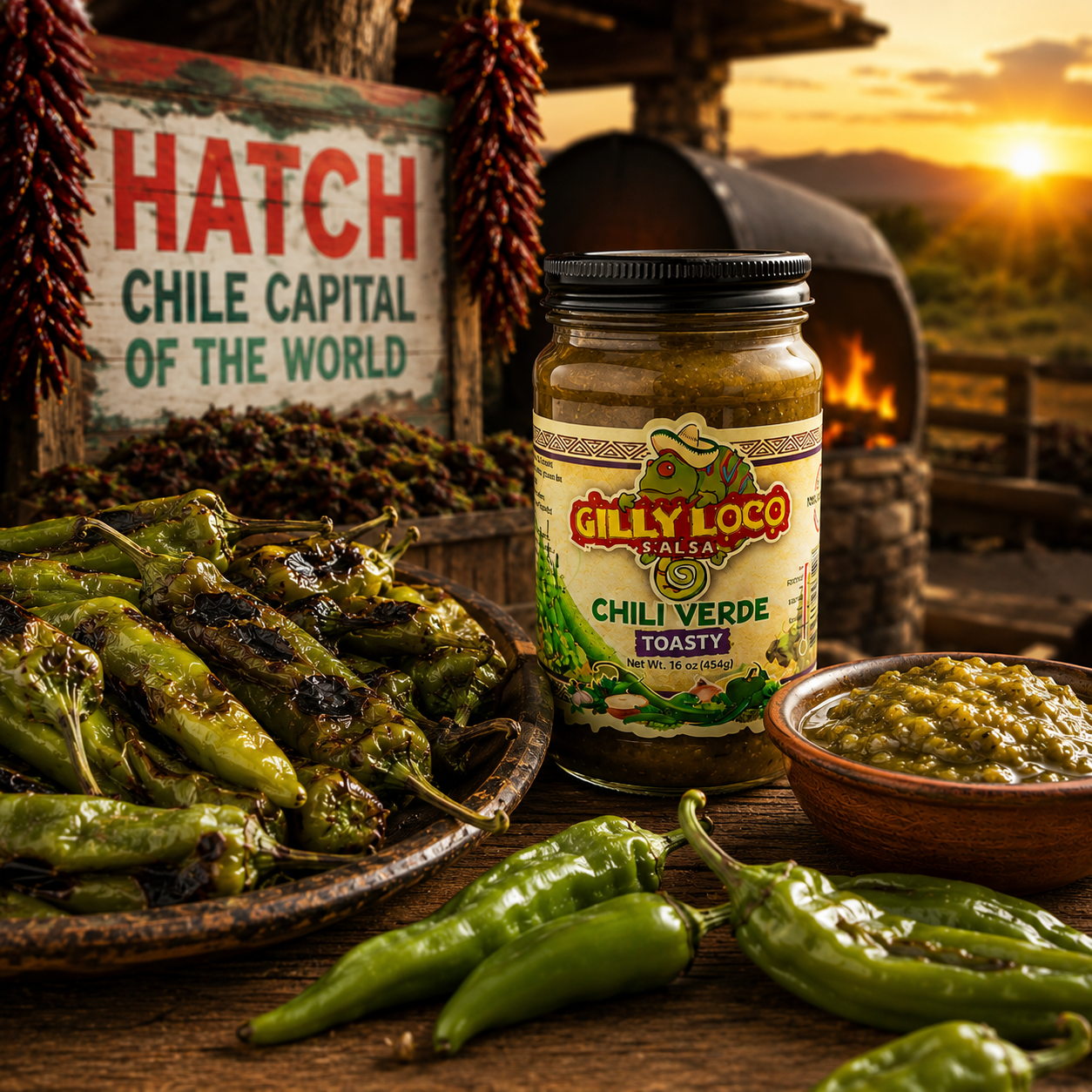 Gilly Loco Hatch Chile Verde Salsa surrounded by fire-roasted New Mexico green chiles at sunset in the Hatch Valley chile fields