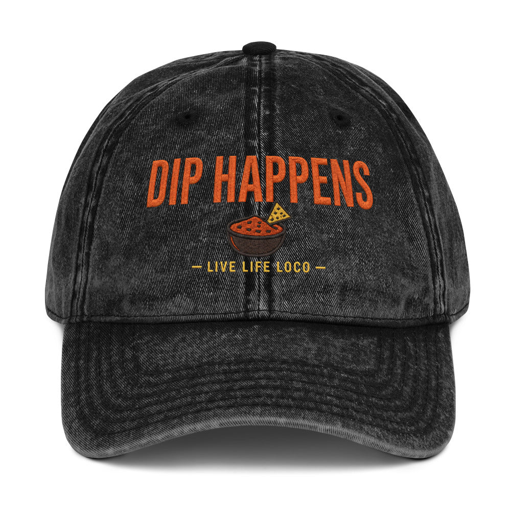 Dip Happens vintage embroidered cap in washed black.