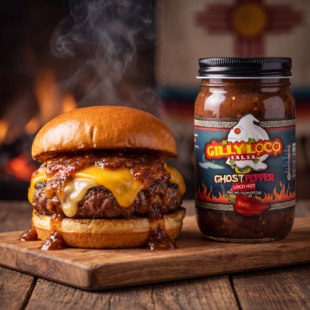 Juicy cheeseburger topped with Gilly Loco Ghost Pepper Salsa beside a jar of Ghost Pepper Salsa on a rustic wooden board with smoky New Mexico-inspired background.