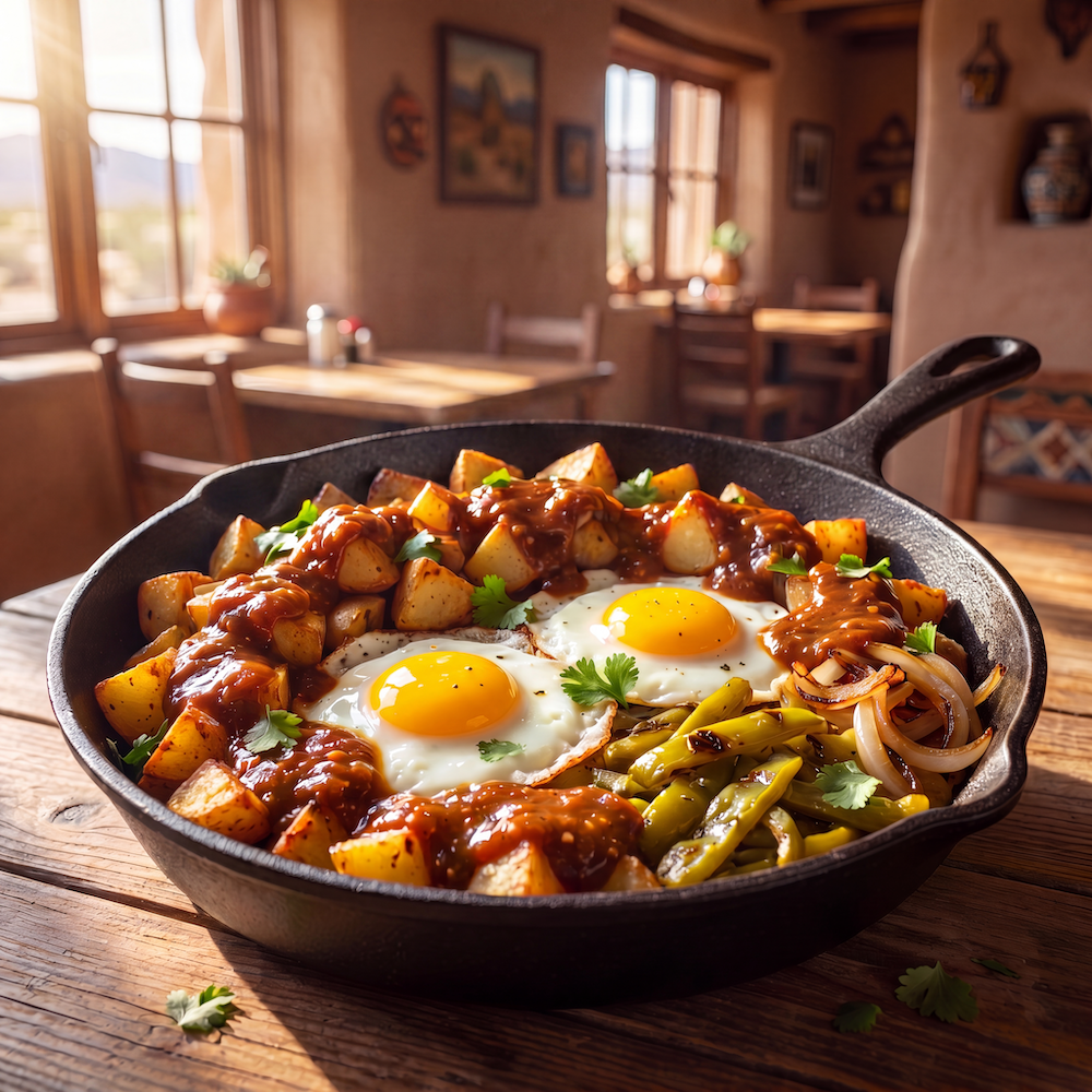 Crispy breakfast potatoes, eggs, Hatch green chile, and Gilly Loco Ghost Pepper Salsa in a cast iron skillet on a rustic wooden table.