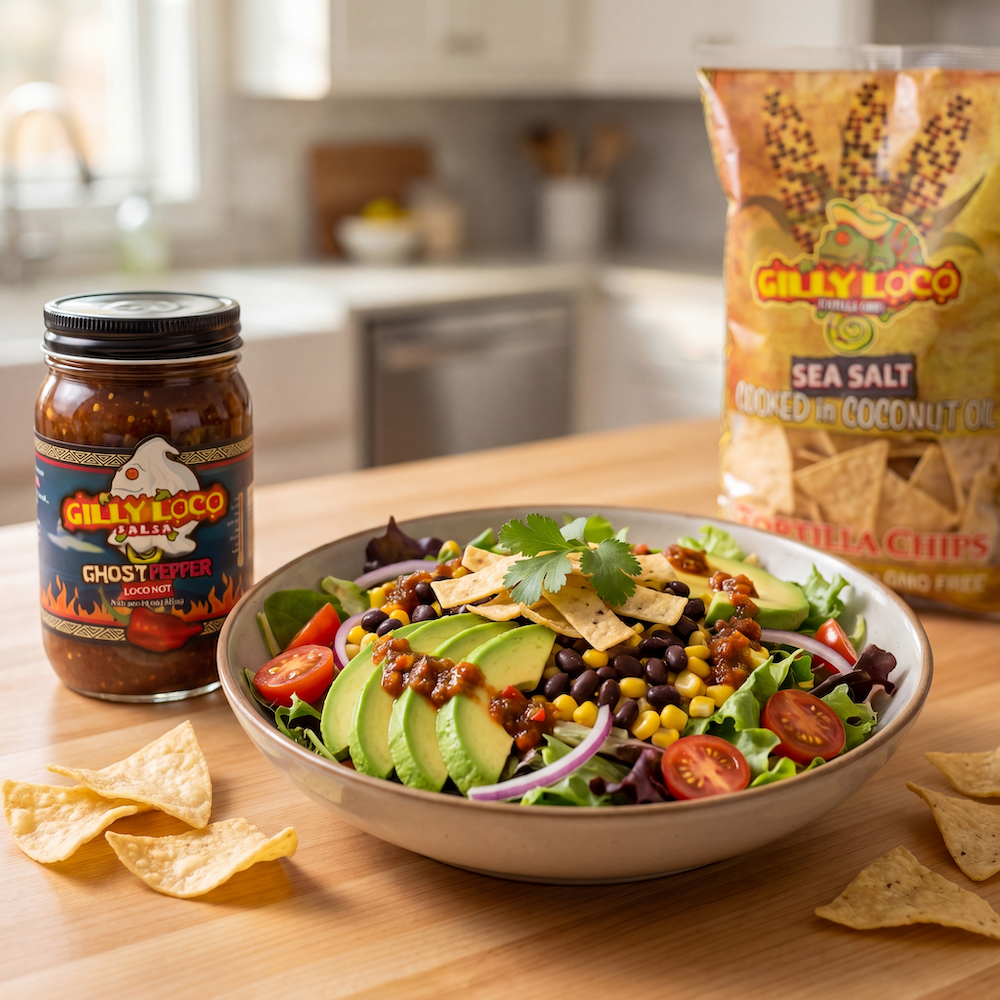 Fresh Southwest salad with avocado, black beans, corn, cherry tomatoes, crispy tortilla strips, and Gilly Loco Ghost Pepper Salsa served with Gilly Loco Sea Salt Tortilla Chips in a bright Southwestern kitchen.