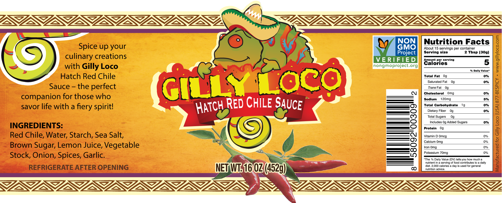 Gilly Loco Hatch Red Chile Sauce label with a colorful design and nutritional information.