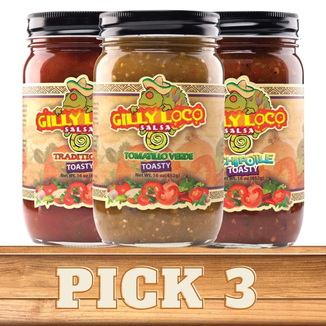 Three jars of Gilly Loco Salsa arranged together on a wooden surface with a large 'PICK 3' text overlay at the bottom. The jars include Tradicional, Tomatillo Verde Toasty, and Chipotle Toasty varieties.