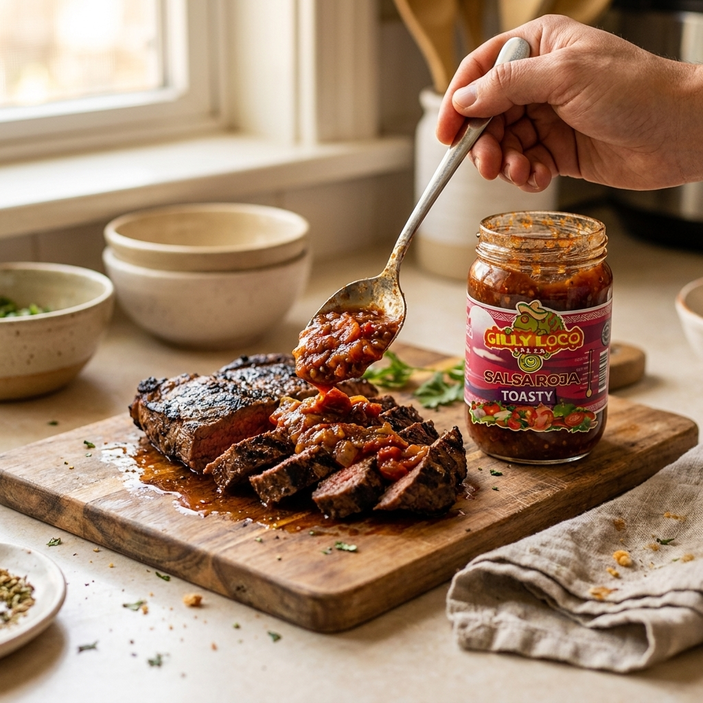 Sliced carne asada on a wooden cutting board being topped with Gilly Loco Salsa Roja, with the jar beside it and fresh roasted peppers — a delicious way to use Salsa Roja