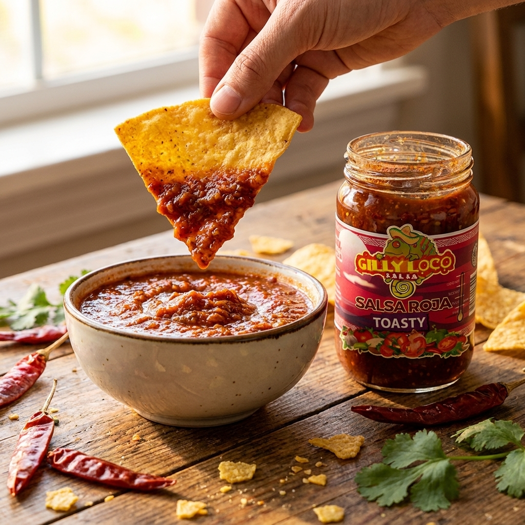 Hand dipping a crispy tortilla chip into a bowl of Gilly Loco Salsa Roja on a rustic wooden table with dried red chiles and cilantro — the perfect chip dip